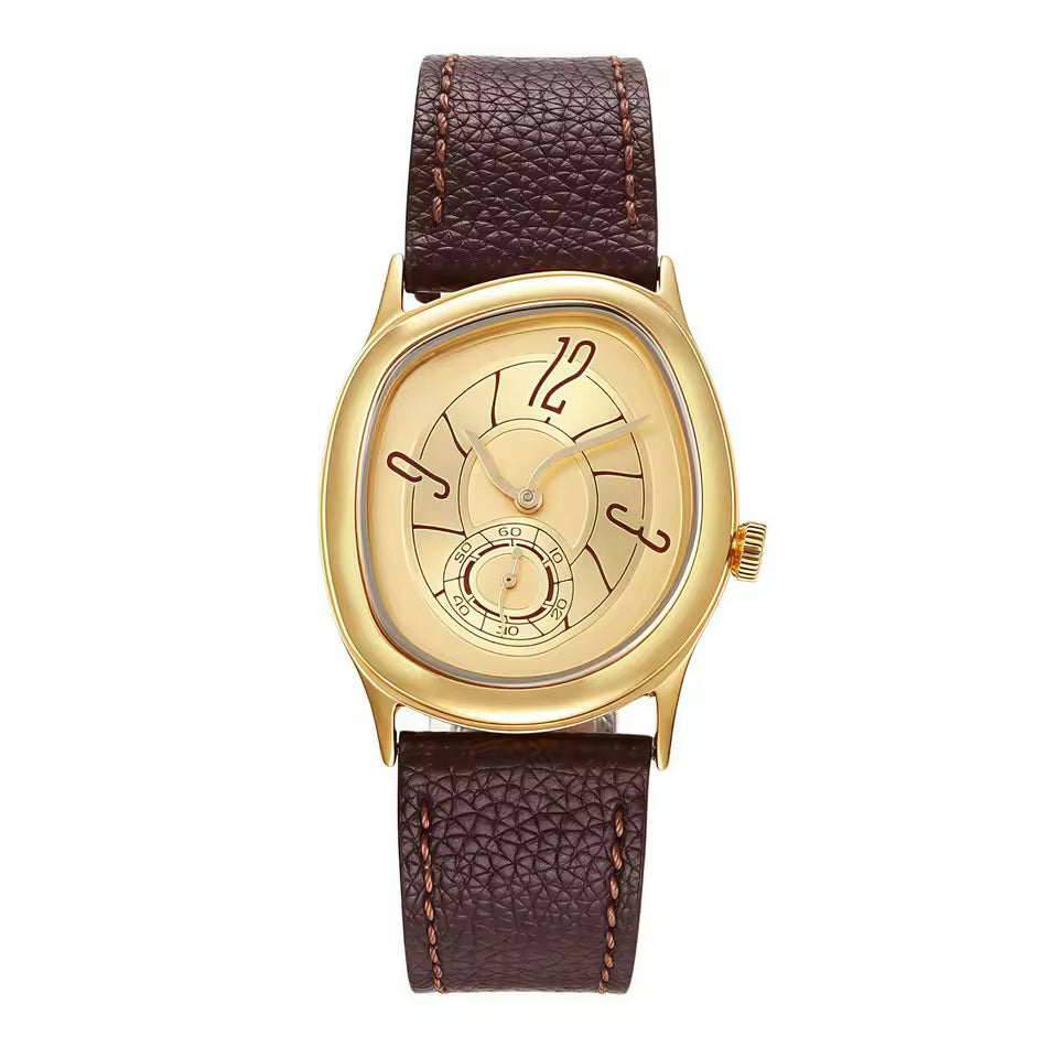 Montre design unique torsadée dorée bracelet cuir marron