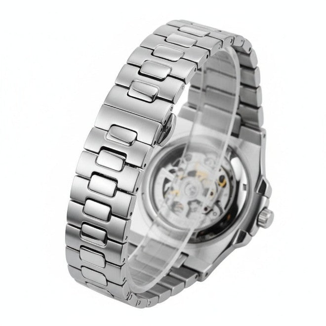 Montre squelette automatique homme avec mécanisme visible et design luxueux de profil de dos