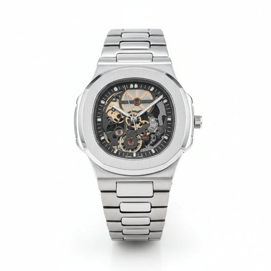 Montre squelette automatique homme avec mécanisme visible et design luxueux de face